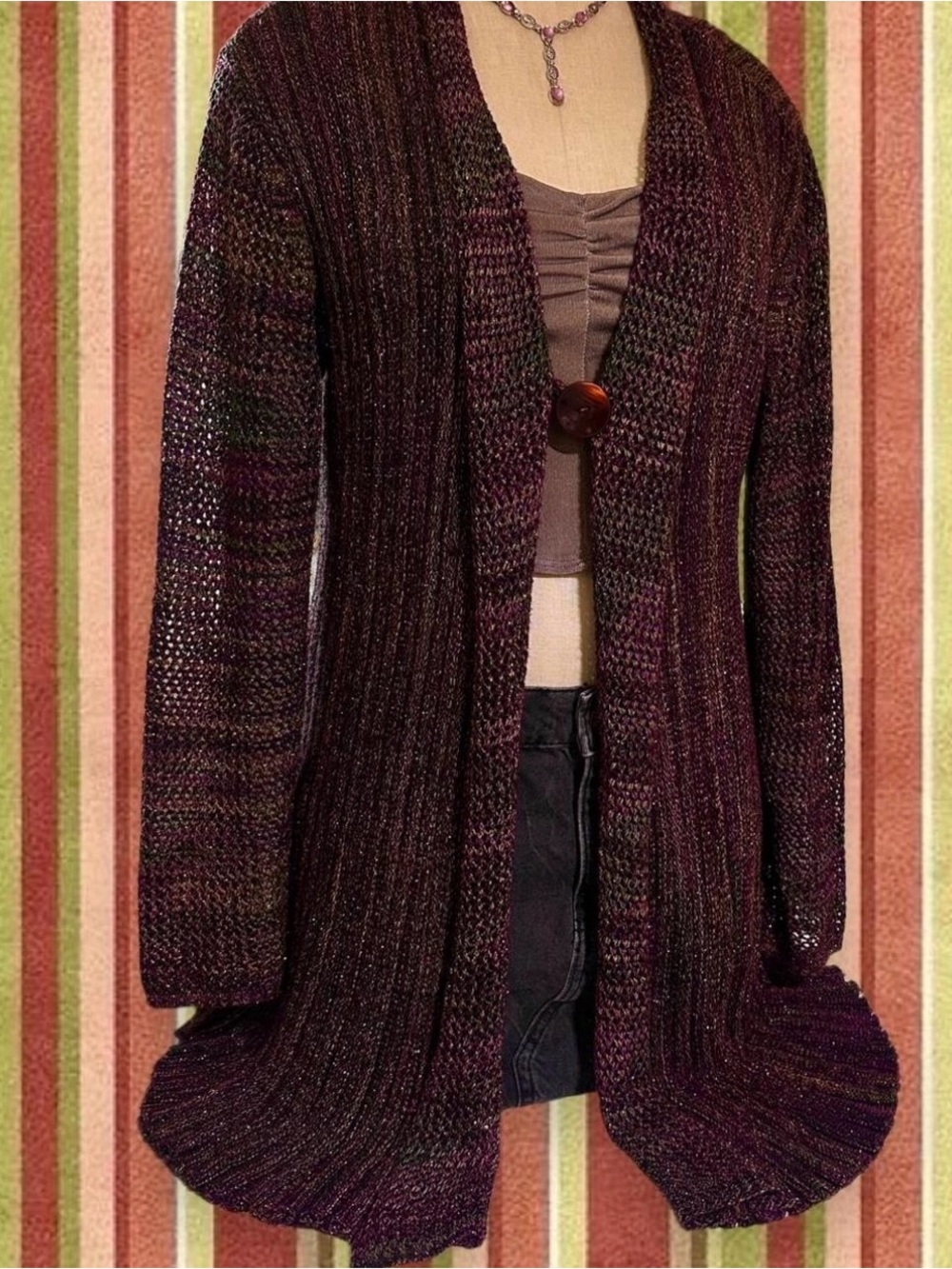 Y2k Whimsigoth Plum Purple & Olive Ribbed Flare Cardigan Button Closure